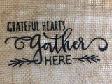 Grateful Hearts Gather Here Farmhouse Fringe Handmade Burlap Table Runner - Memes Custom Stitches LLC