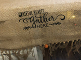 Grateful Hearts Gather Here Farmhouse Fringe Handmade Burlap Table Runner - Memes Custom Stitches LLC