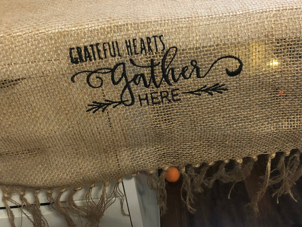 Grateful Hearts Gather Here Farmhouse Fringe Handmade Burlap Table Runner - Memes Custom Stitches LLC