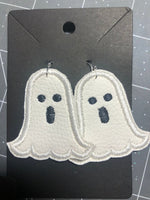 Handmade Ghost Halloween Faux Leather Embroidered Drop Earrings, Handmade Jewelry, Gifts for Her, Halloween Jewelry, Halloween Earrings - Memes Custom Stitches LLC