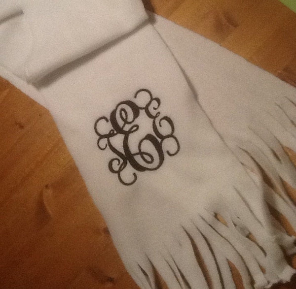 Handmade Monogram Fringe Adult Fleece Scarf - Memes Custom Stitches LLC