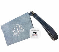 Handmade Personalized Monogram Repurposed Denim Wristlet Clutch Bag , Gifts for Her - Memes Custom Stitches LLC