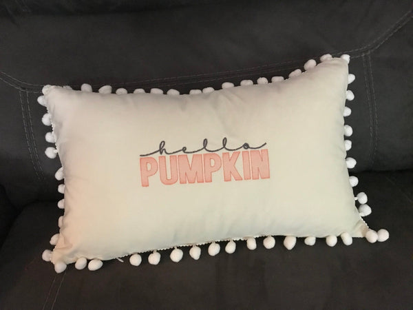 Hello Pumpkin Pom Pom Velvet Lumbar Throw Pillow Cover ,12x20, Fall Decor,Housewarming Gifts - Memes Custom Stitches LLC