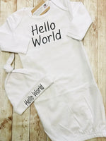 Hello World Newborn Home Coming ,Sleep Gown Cap Onesie Gift Set - Memes Custom Stitches LLC