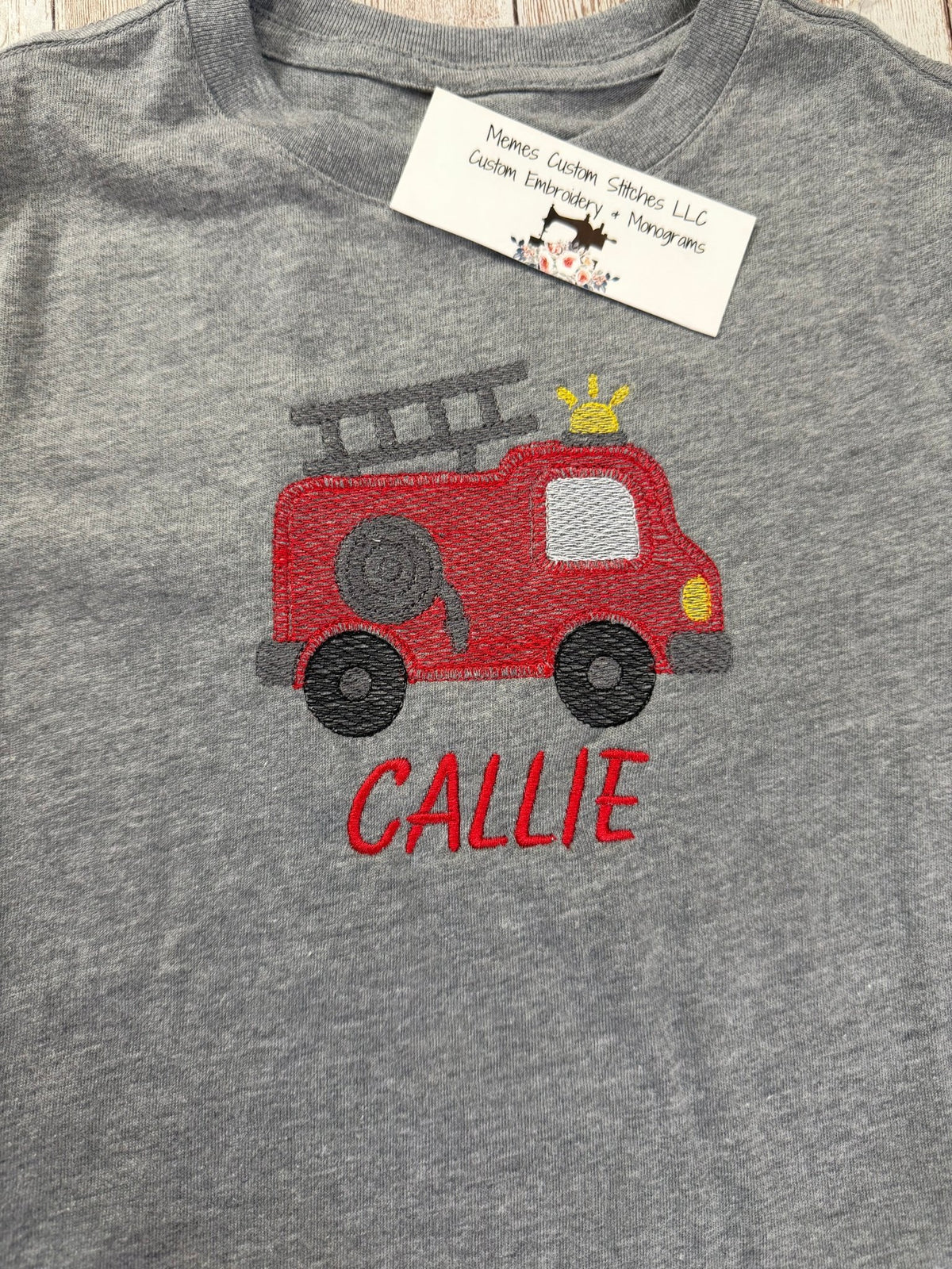 Kids Personalized Embroidered Fire Truck TShirt - Memes Custom Stitches LLC