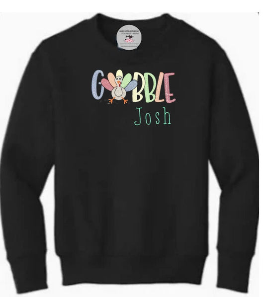 Kids Personalized Thanksgiving Turkey Gobble Embroidered Fleece Unisex Sweatshirt - Memes Custom Stitches LLC