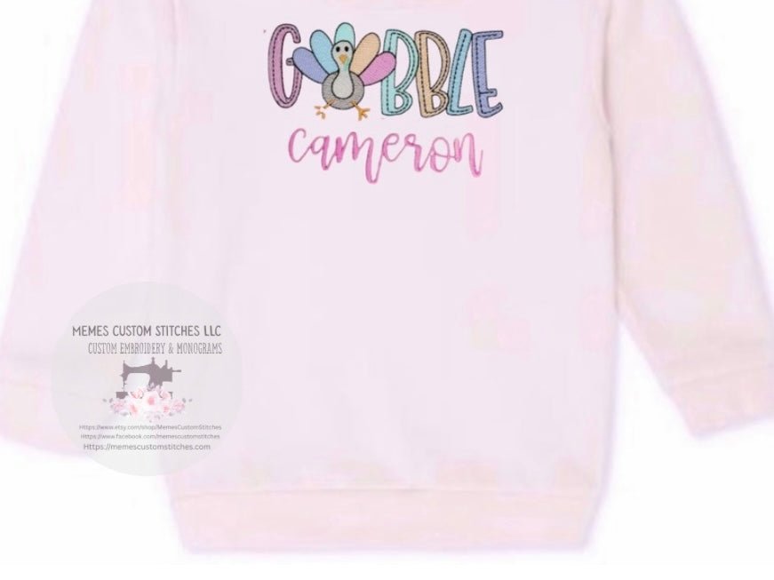 Kids Personalized Thanksgiving Turkey Gobble Embroidered Fleece Unisex Sweatshirt - Memes Custom Stitches LLC