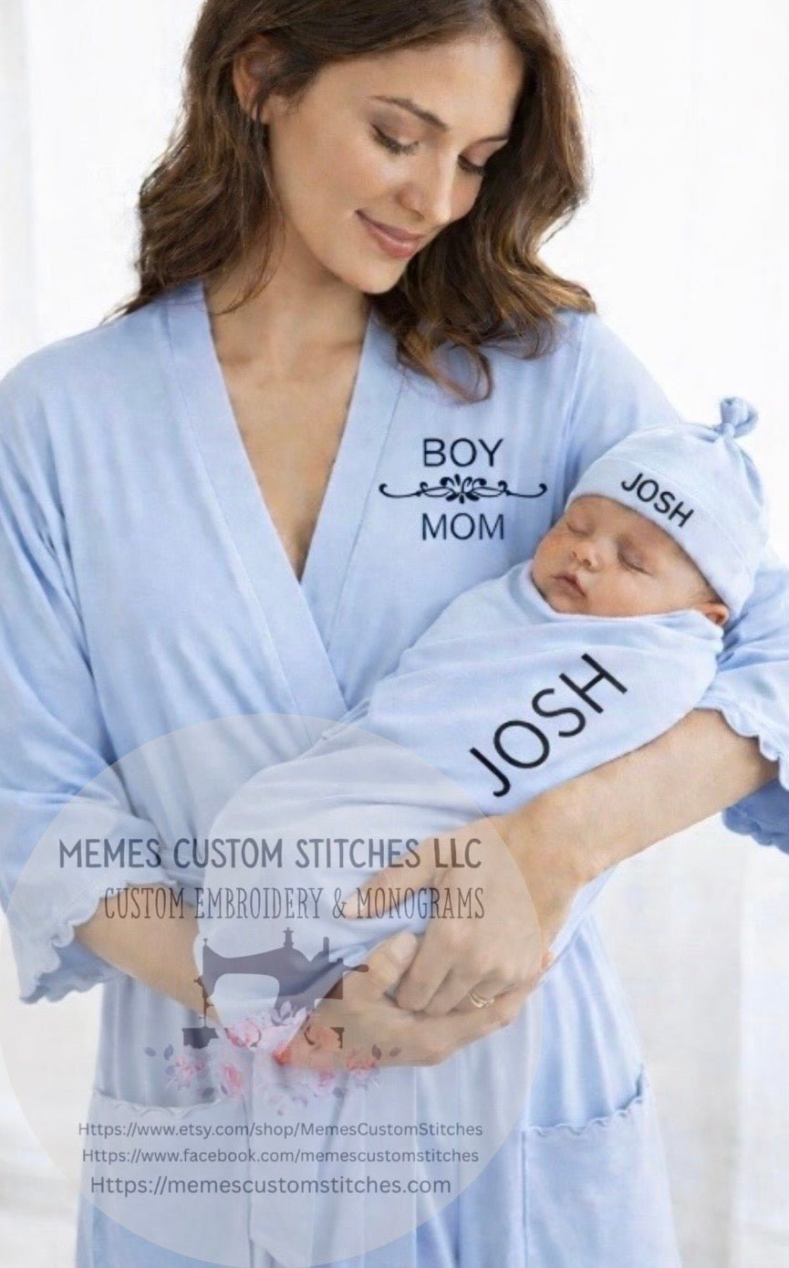 Matching Mommy Robe and Personalized Newborn Swaddling Set Gift - Memes Custom Stitches LLC