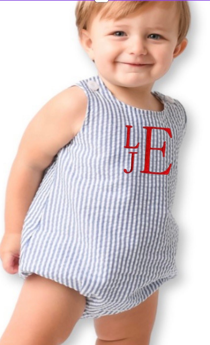 Monogram Baby Unisex Seersucker Sunsuit Romper - Memes Custom Stitches LLC