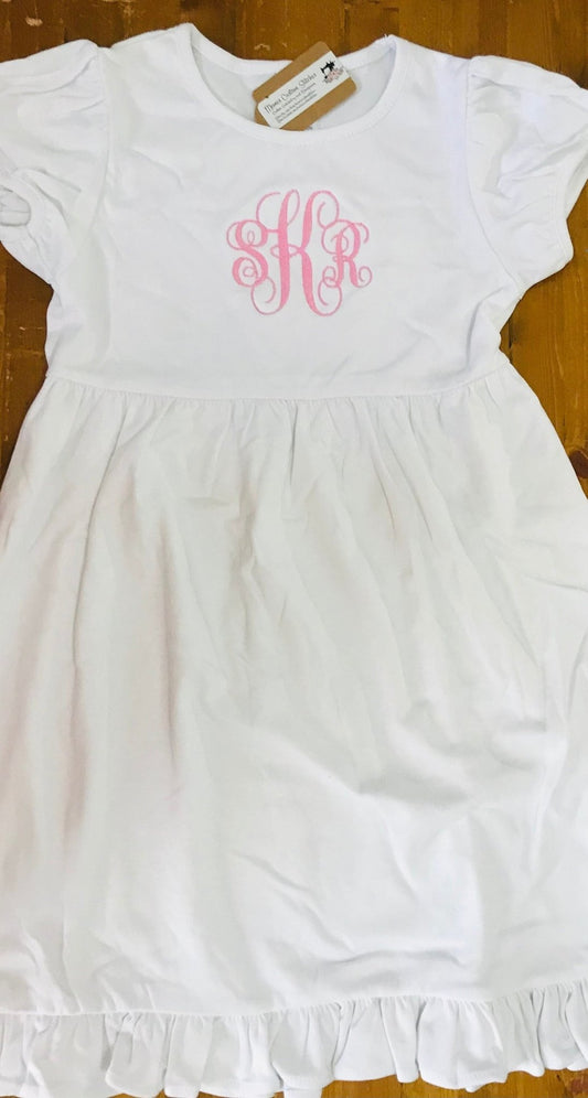 Monogram Name Baby Toddler Girls Smocked Ruffle Cotton Empire School Dress - Memes Custom Stitches LLC