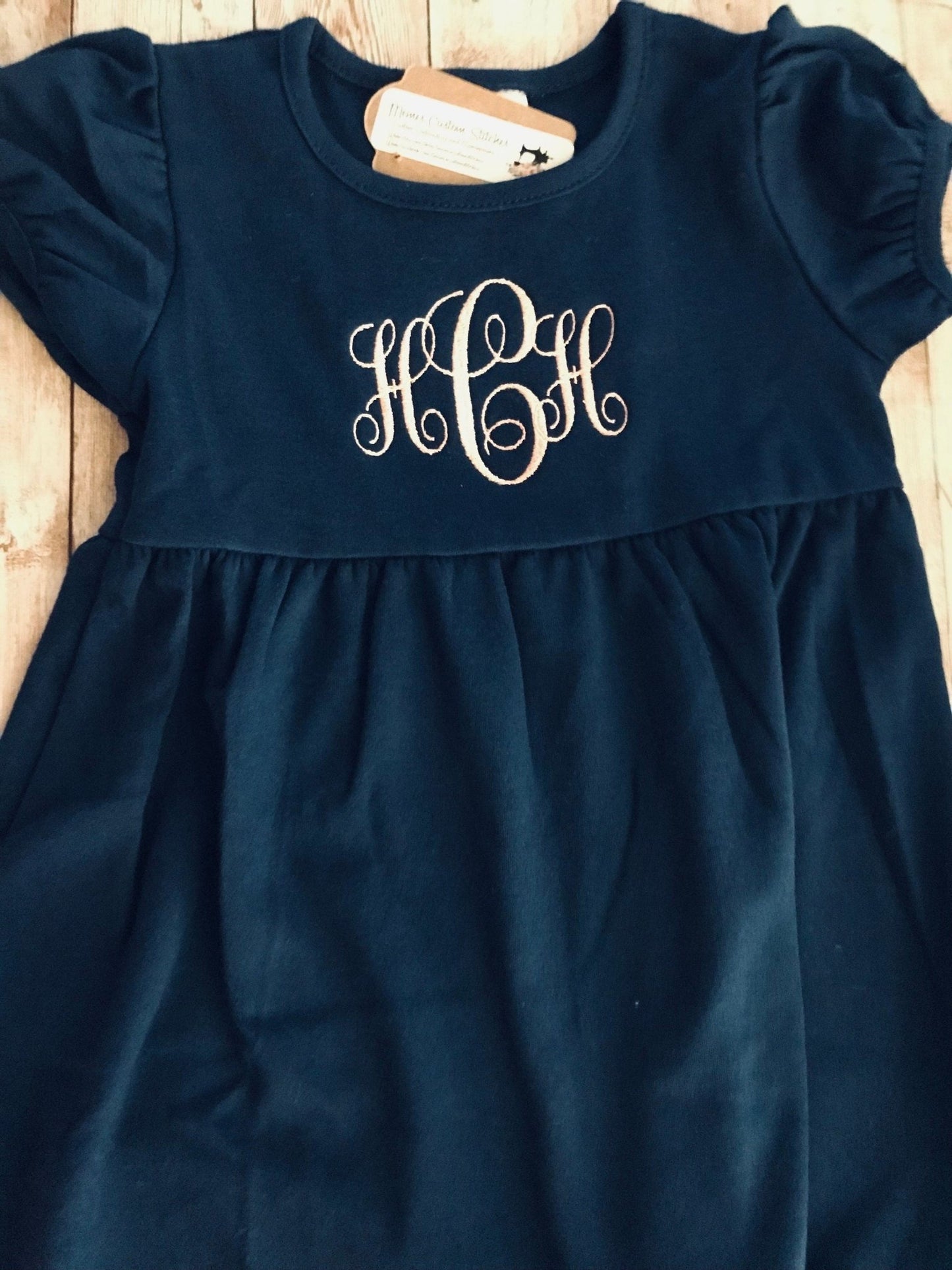 Monogram Name Girls Ruffle Smocked Cotton Empire Dress, School Outfit - Memes Custom Stitches LLC