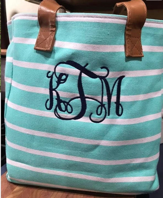 Monogram Striped Canvas Beach Tote Bag - Memes Custom Stitches LLC