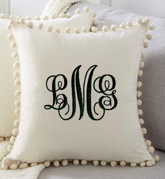 Monogram Velvet Throw Pillow Cover:Pom Pom Accent - Memes Custom Stitches LLC