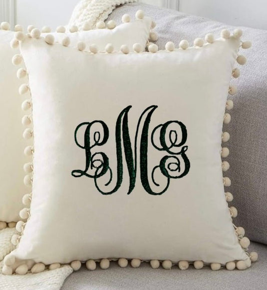 Monogram Velvet Throw Pillow Cover:Pom Pom Accent - Memes Custom Stitches LLC