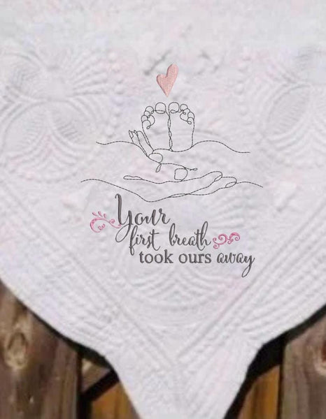 Newborn Baby Foot Your First Breath Unisex Quilt Blanket Shower Gift - Memes Custom Stitches LLC