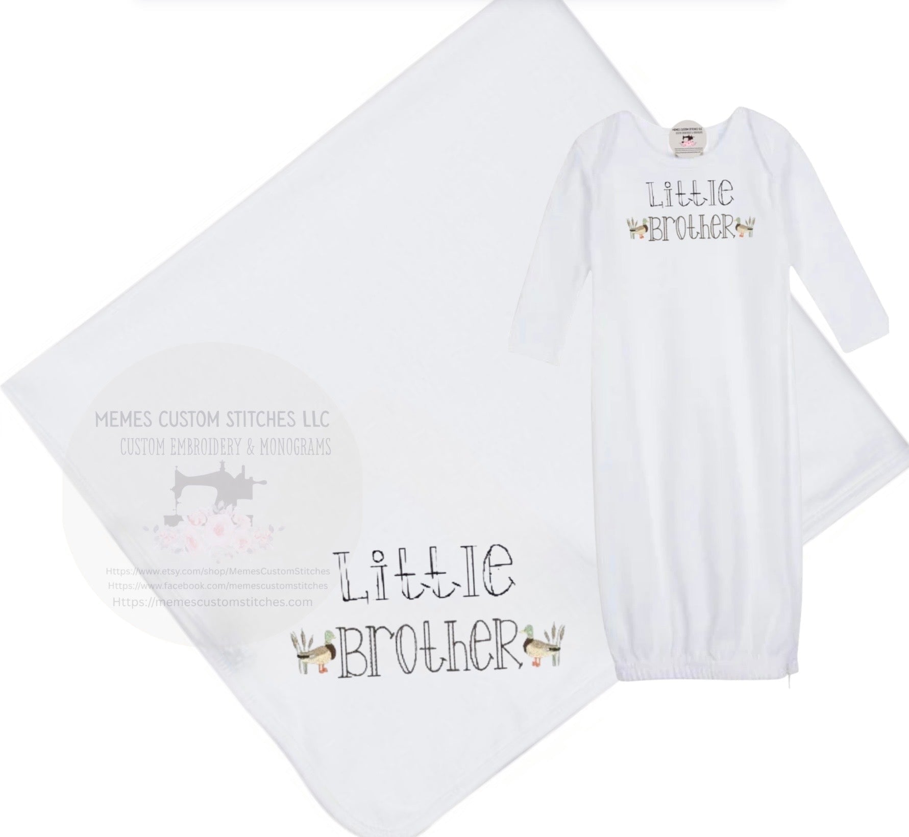 Newborn Boy Little Brother Mallard Duck Gown Blanket Bib Burp Cloth Gift Set - Memes Custom Stitches LLC