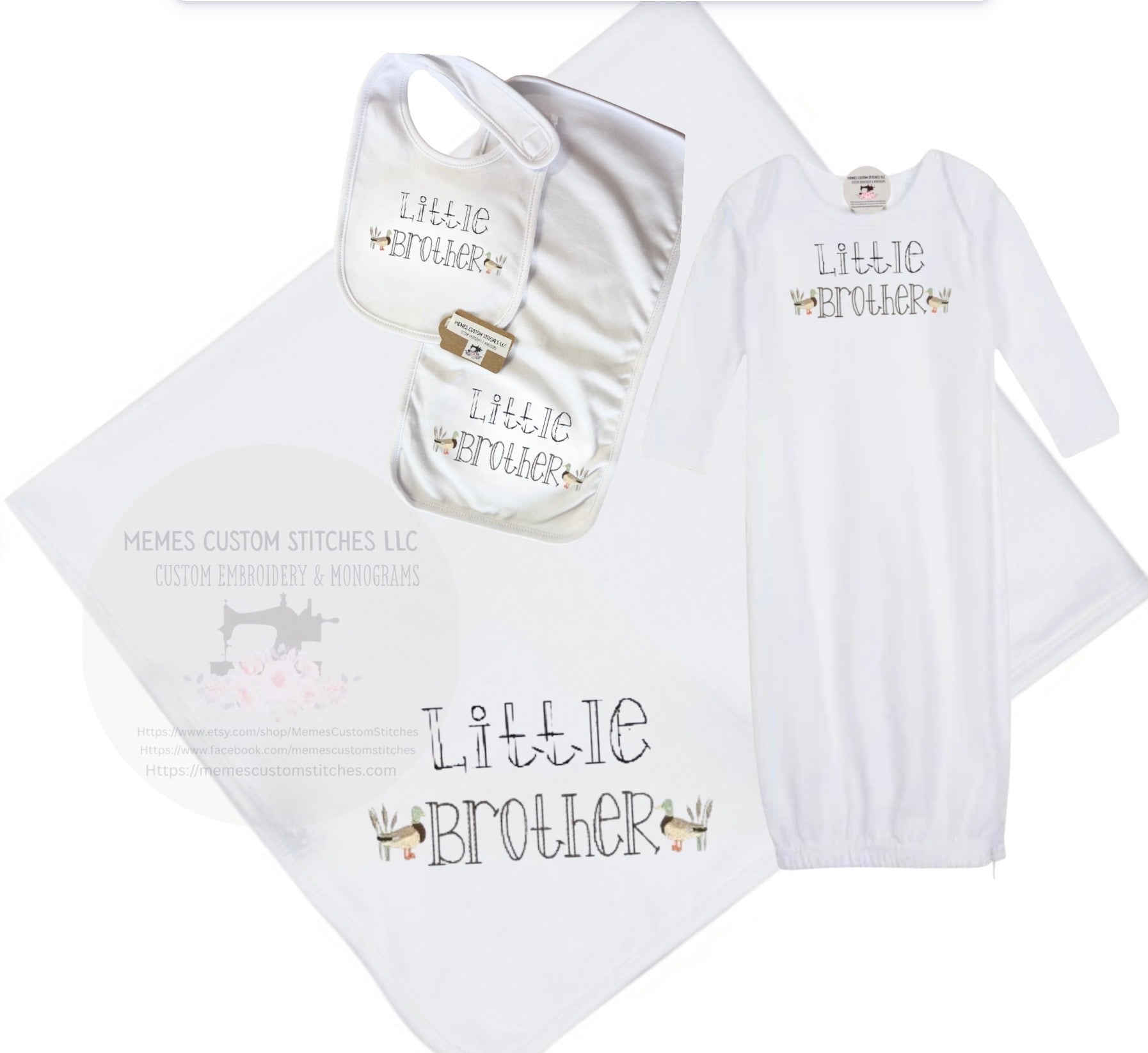 Newborn Boy Little Brother Mallard Duck Gown Blanket Bib Burp Cloth Gift Set - Memes Custom Stitches LLC
