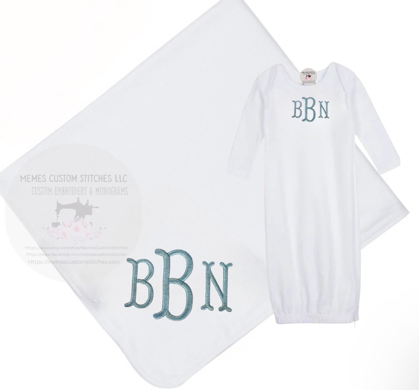 Newborn Boy Monogram Boy Sleep Gown Cap Blanket Set Gift - Memes Custom Stitches LLC