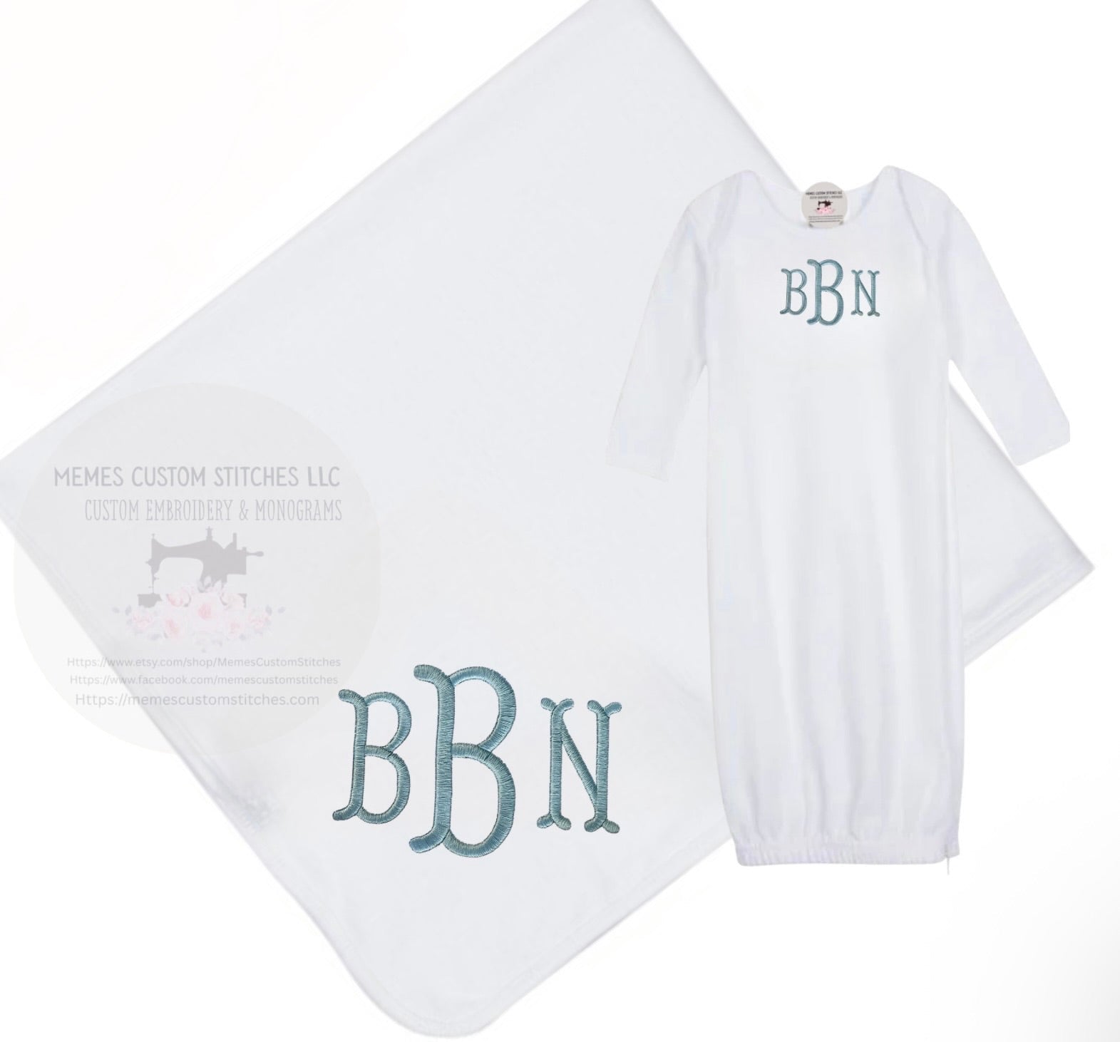 Newborn Boy Monogram Boy Sleep Gown Cap Blanket Set Gift - Memes Custom Stitches LLC