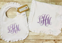 Newborn Coming Home Hospital Ruffle Gown Outfit Set, Baby Girl Personalized Monogram Name Bib Burbcloth Gown - Memes Custom Stitches LLC