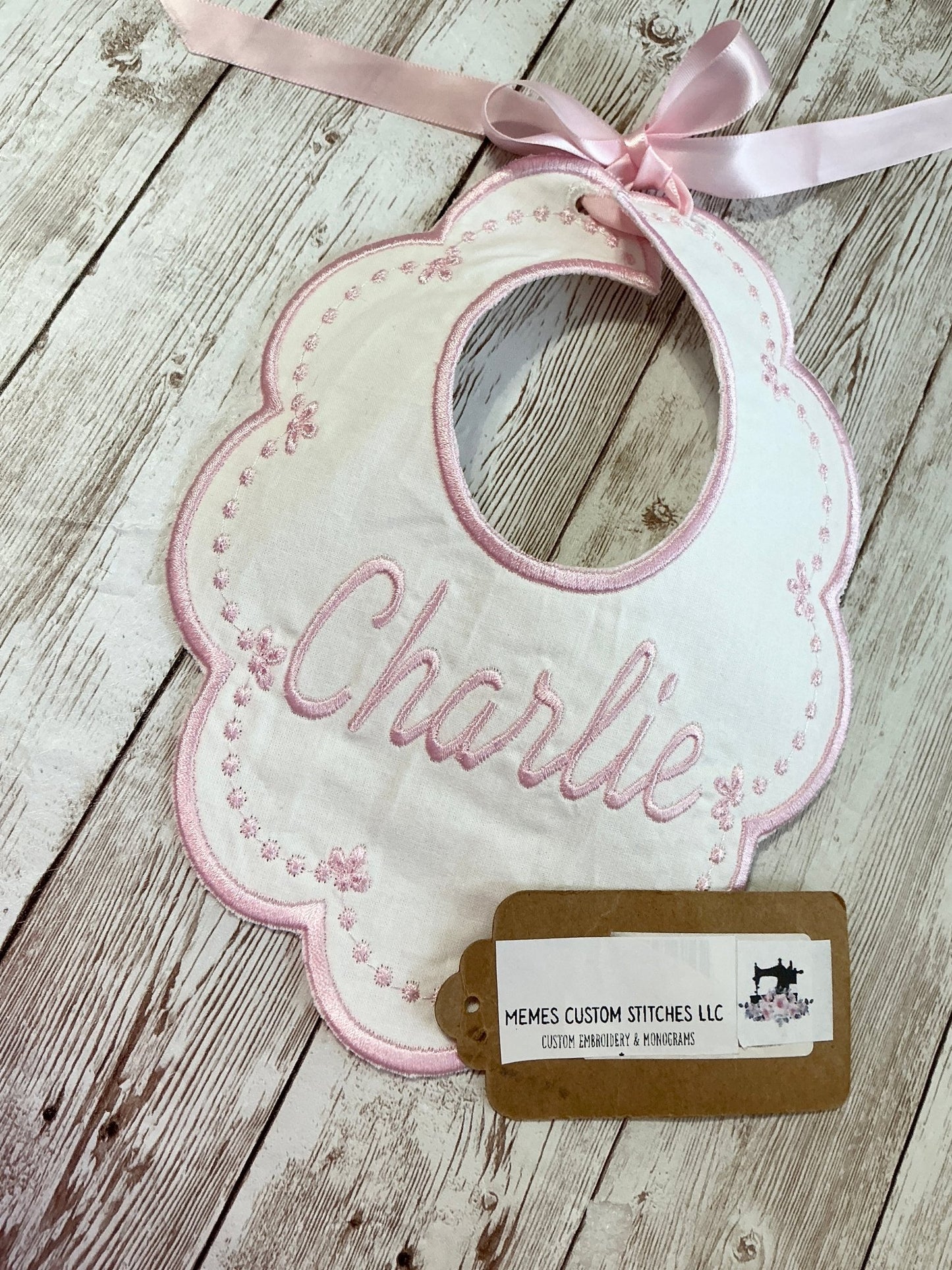 Newborn Girl Personalized Handmade Heirloom Baby Bib - Memes Custom Stitches LLC