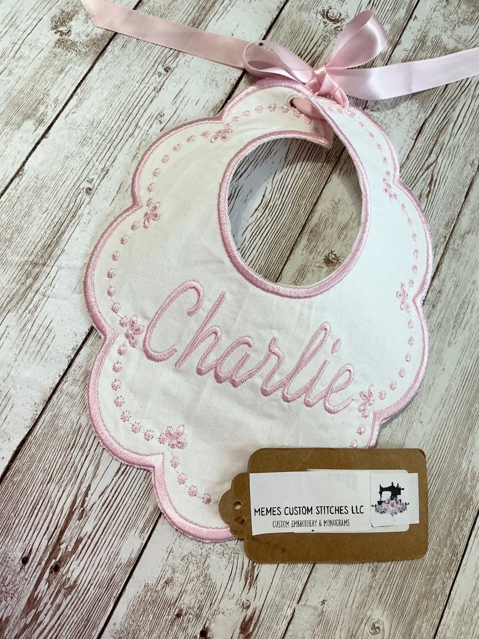 Newborn Girl Personalized Handmade Heirloom Baby Bib - Memes Custom Stitches LLC