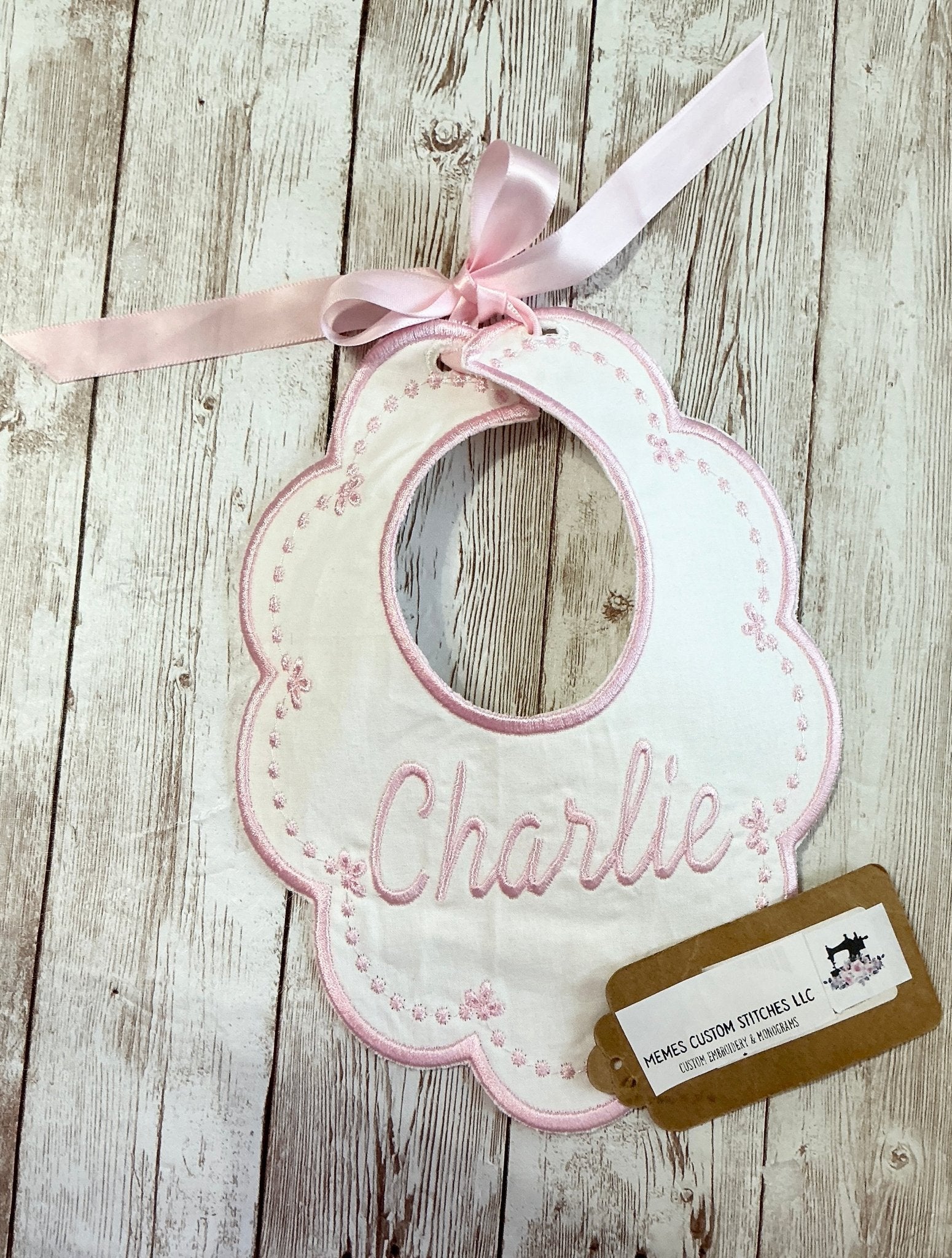 Newborn Girl Personalized Handmade Heirloom Baby Bib - Memes Custom Stitches LLC
