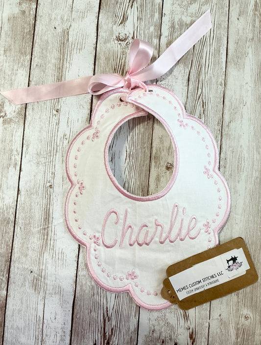 Newborn Girl Personalized Handmade Heirloom Baby Bib - Memes Custom Stitches LLC