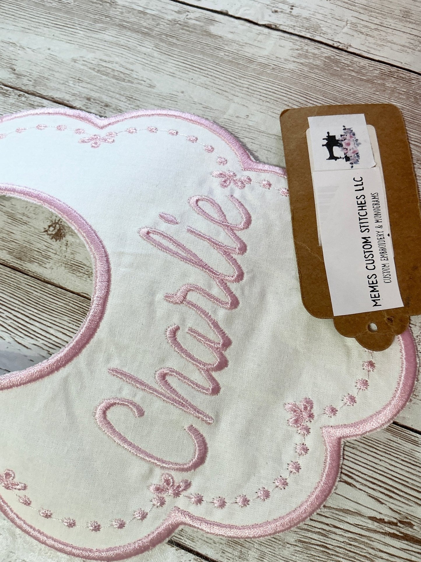 Newborn Girl Personalized Handmade Heirloom Baby Bib - Memes Custom Stitches LLC