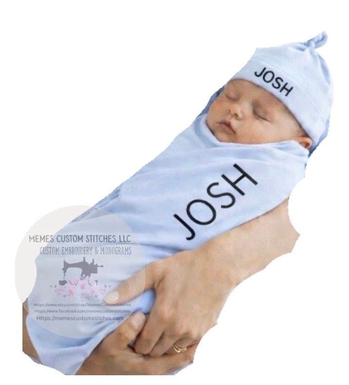 Newborn Personalized Swaddling Blanket Hat Set Gift - Memes Custom Stitches LLC