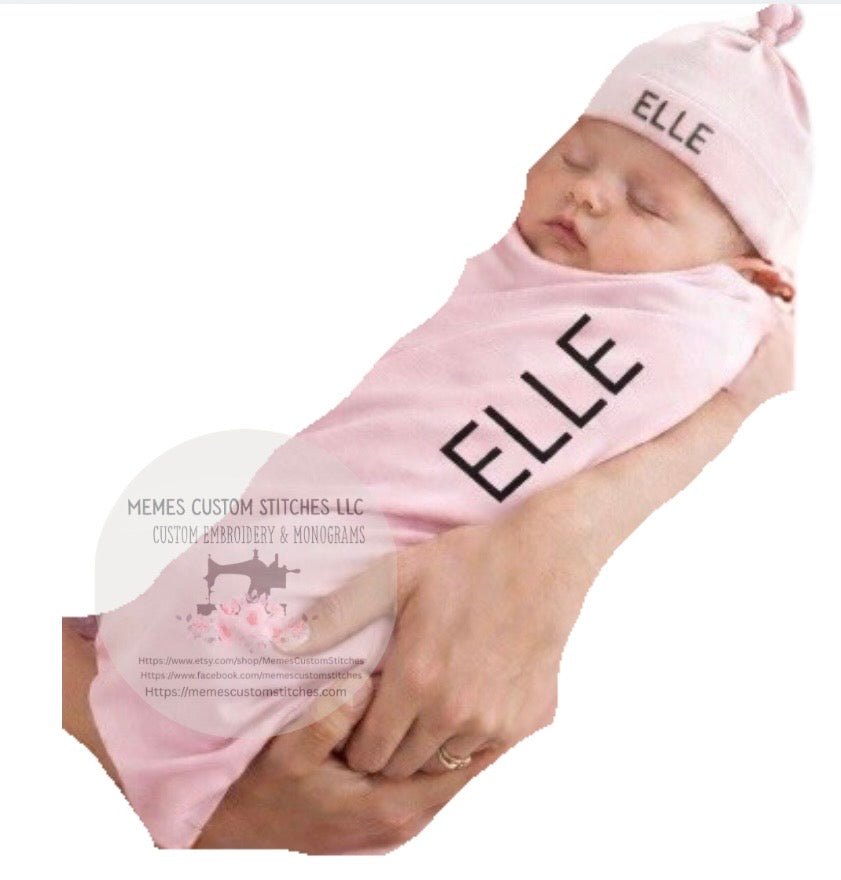 Newborn Personalized Swaddling Blanket Hat Set Gift - Memes Custom Stitches LLC