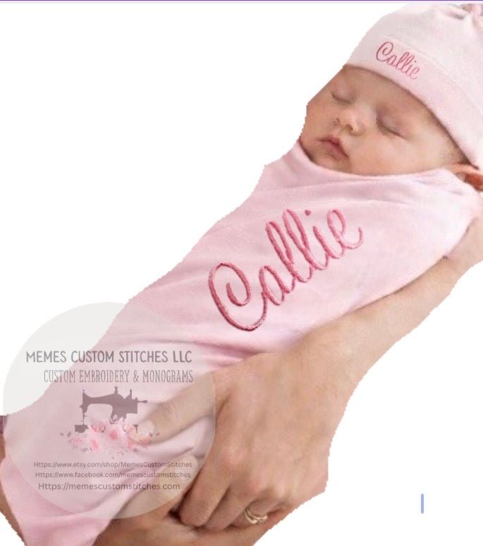 Newborn Personalized Swaddling Blanket Hat Set Gift - Memes Custom Stitches LLC
