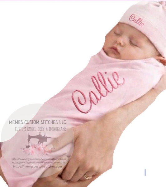 Newborn Personalized Swaddling Blanket Hat Set Gift - Memes Custom Stitches LLC
