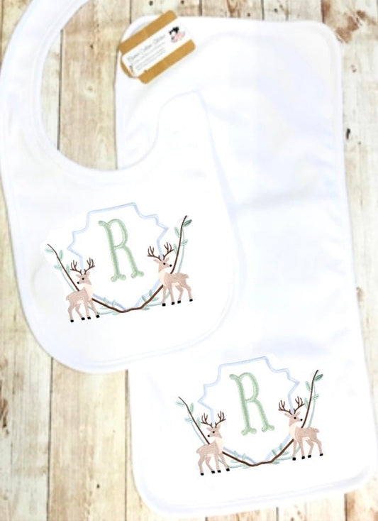 Personalized Baby Boy Deer Bib Burp Cloth Bodysuit Newborn Gift Set - Memes Custom Stitches LLC