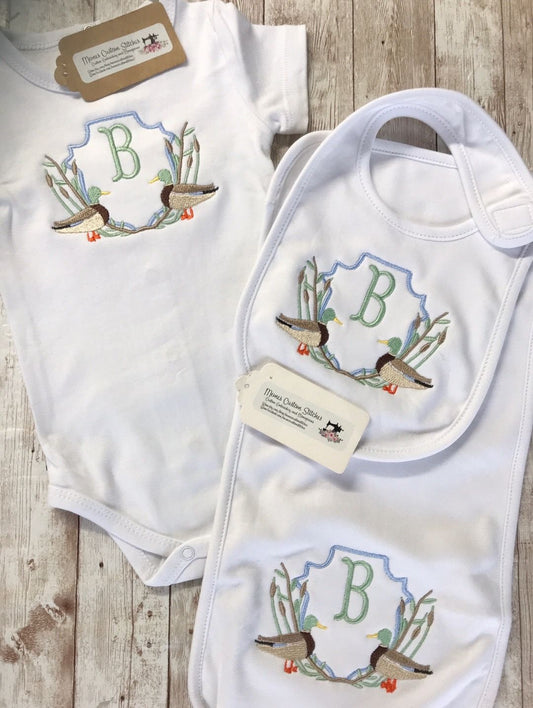 Personalized Baby Boy Mallard Ducks Bib Burp Cloth Bodysuit Newborn Gift Set - Memes Custom Stitches LLC