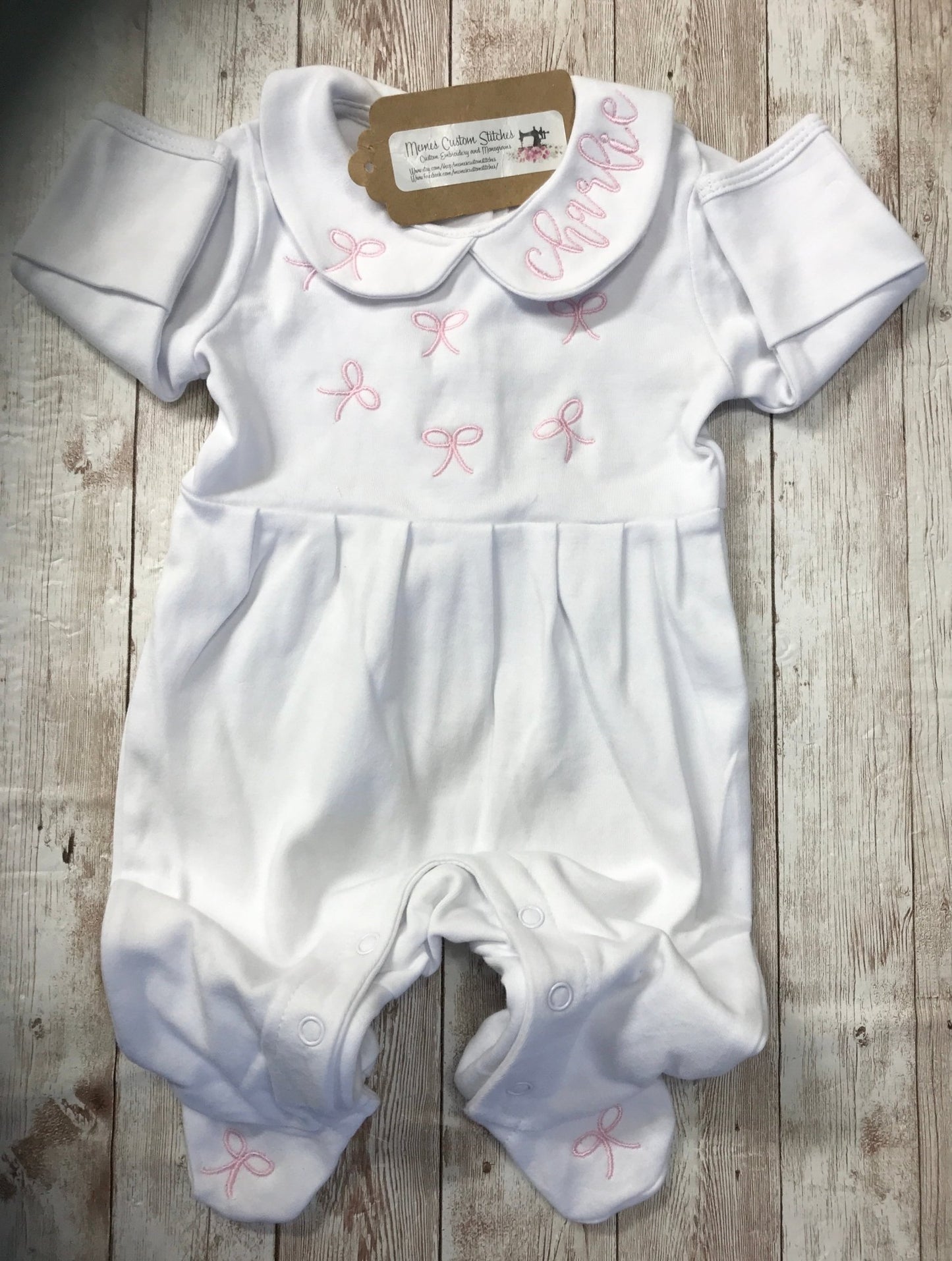 Personalized Baby Girl Coquette Pink Bow Collared Footie Sleeper - Memes Custom Stitches LLC