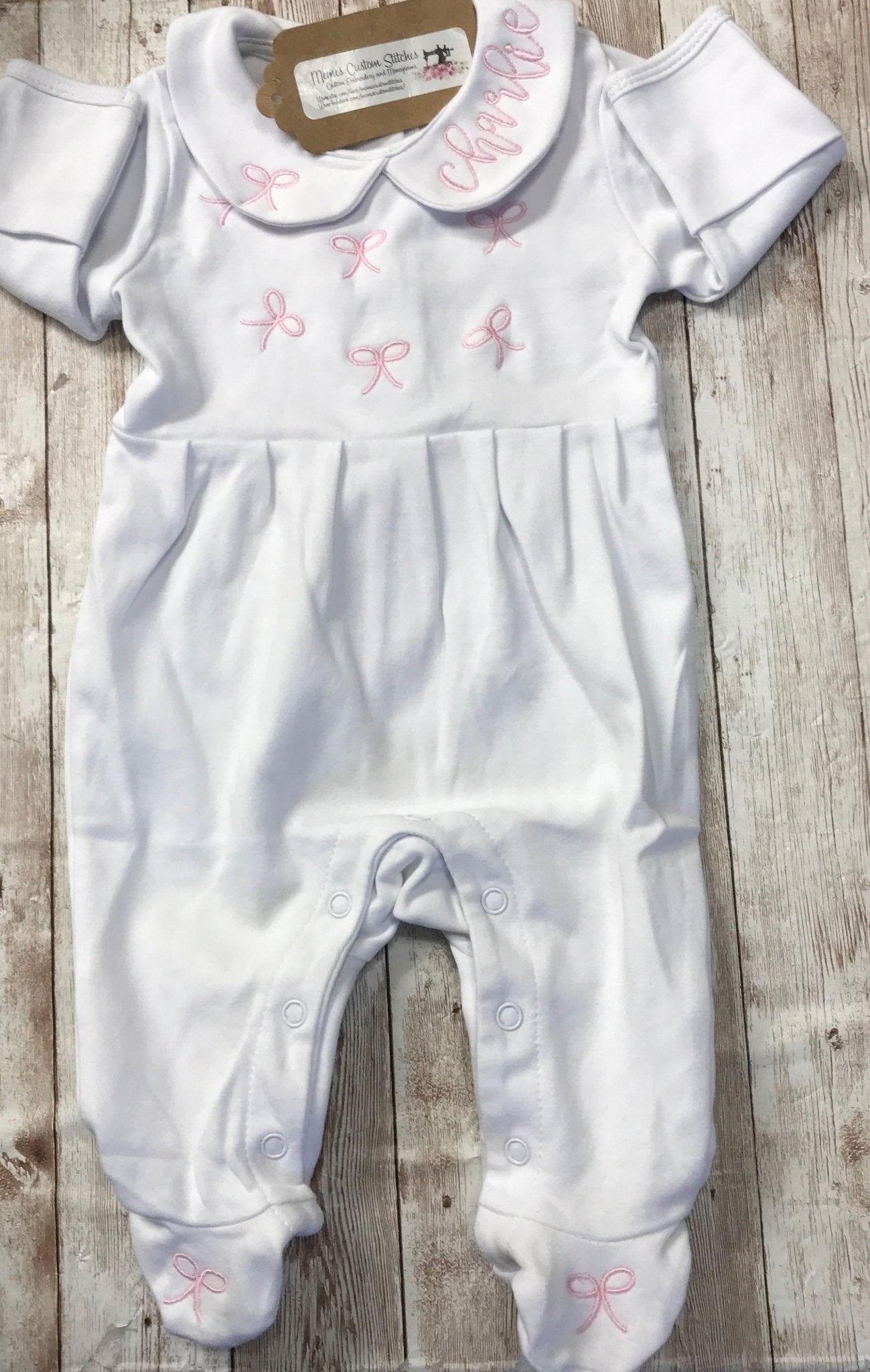 Personalized Baby Girl Coquette Pink Bow Collared Footie Sleeper - Memes Custom Stitches LLC