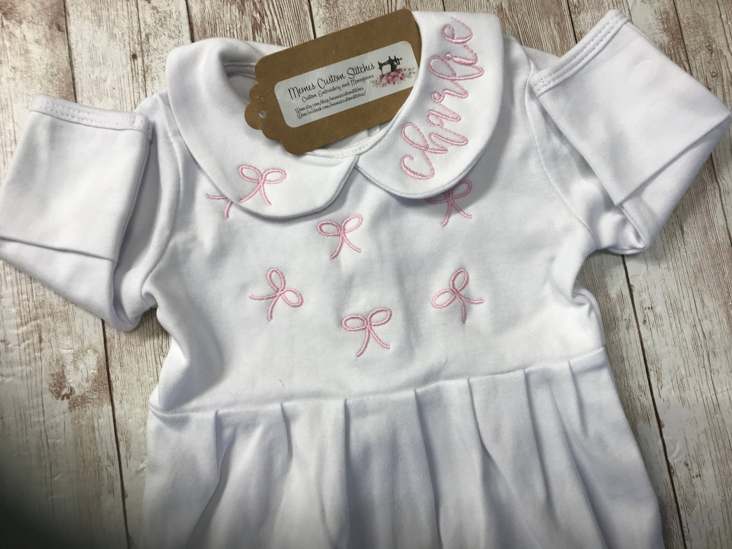 Personalized Baby Girl Coquette Pink Bow Collared Footie Sleeper - Memes Custom Stitches LLC