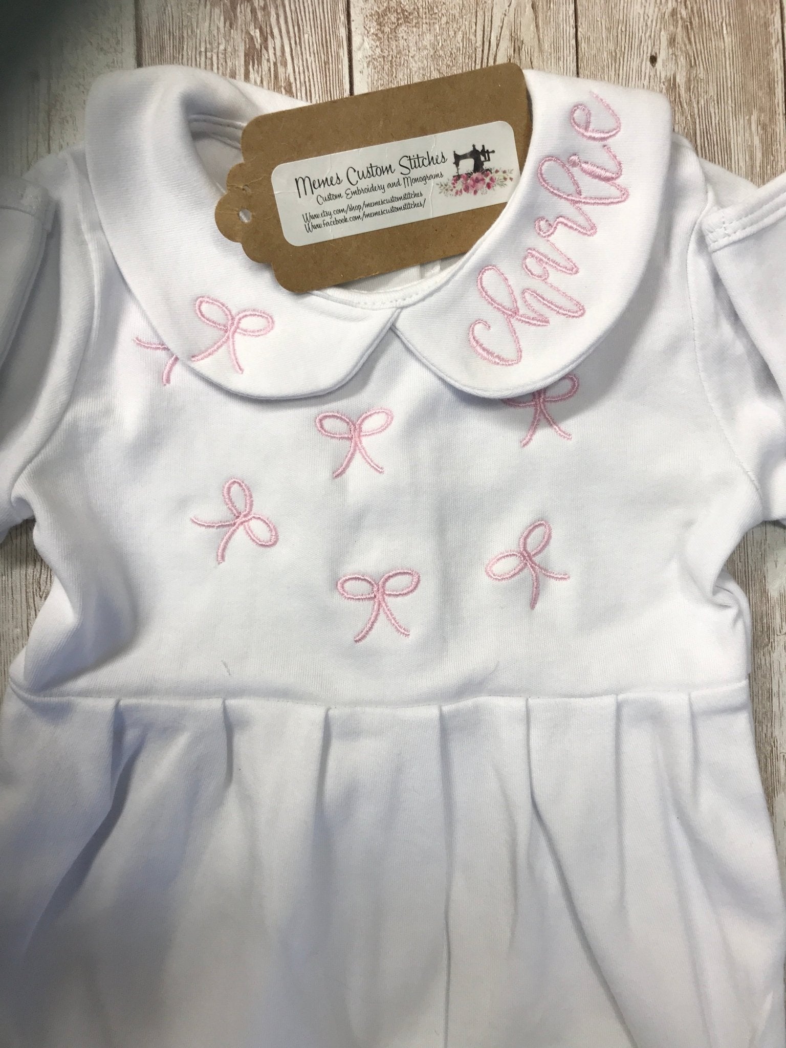 Personalized Baby Girl Coquette Pink Bow Collared Footie Sleeper - Memes Custom Stitches LLC