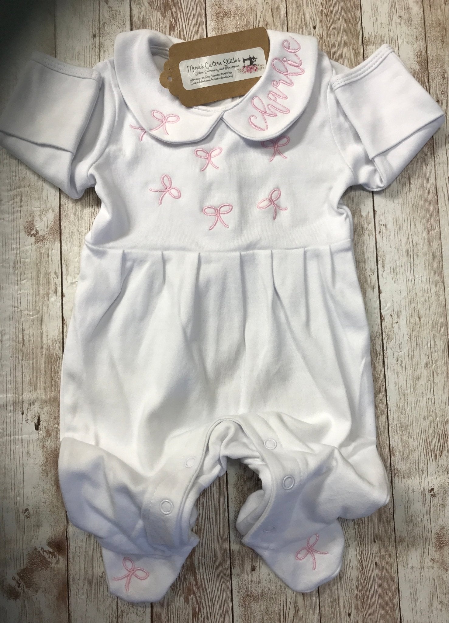 Personalized Baby Girl Coquette Pink Bow Collared Footie Sleeper - Memes Custom Stitches LLC