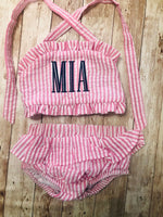 Personalized Baby Toddler Girls Monogram Seersucker Ruffled 2 Piece Bikini Lined Bathing Suit Swimsuit - Memes Custom Stitches LLC