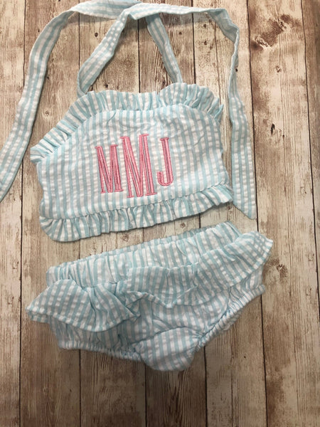 Personalized Baby Toddler Girls Monogram Seersucker Ruffled 2 Piece Bikini Lined Bathing Suit Swimsuit - Memes Custom Stitches LLC