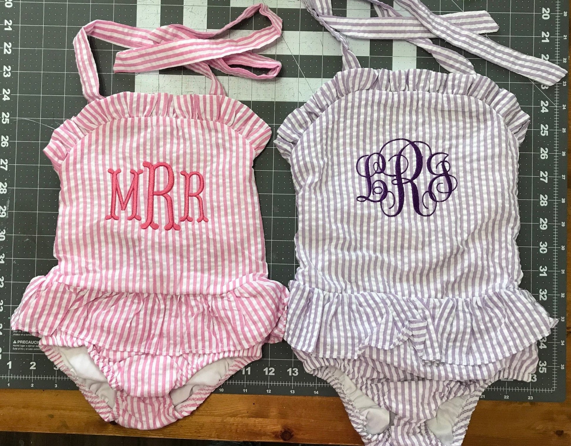 Personalized Baby Toddler Girls Seersucker Ruffled Lined Swim Bathing Suit - Memes Custom Stitches LLC