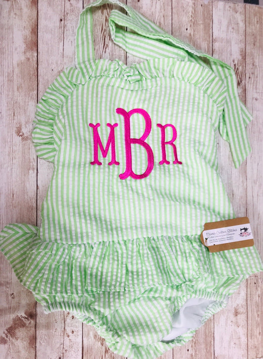 Personalized Baby Toddler Girls Seersucker Ruffled Lined Swim Bathing Suit - Memes Custom Stitches LLC