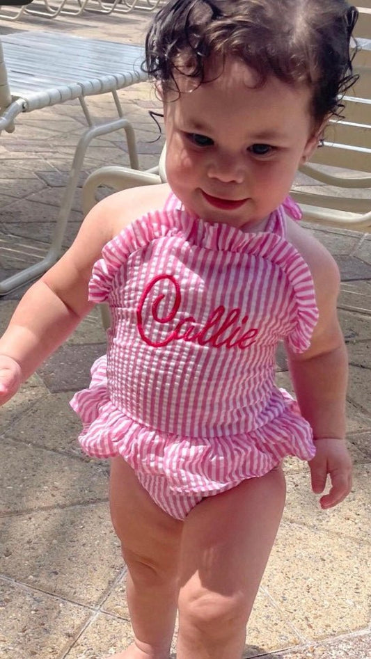 Personalized Baby Toddler Girls Seersucker Ruffled Lined Swim Bathing Suit - Memes Custom Stitches LLC