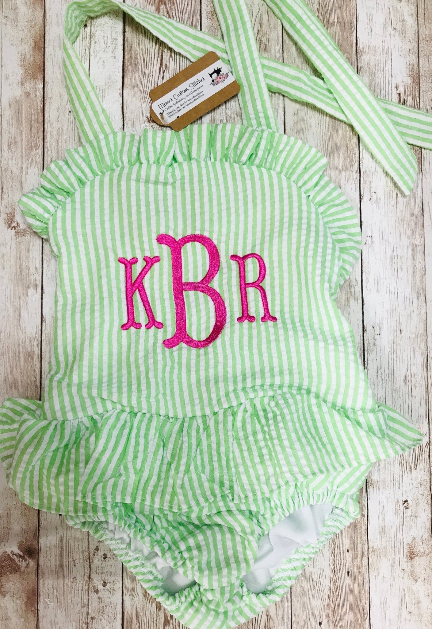 Personalized Baby Toddler Girls Seersucker Ruffled Lined Swim Bathing Suit - Memes Custom Stitches LLC