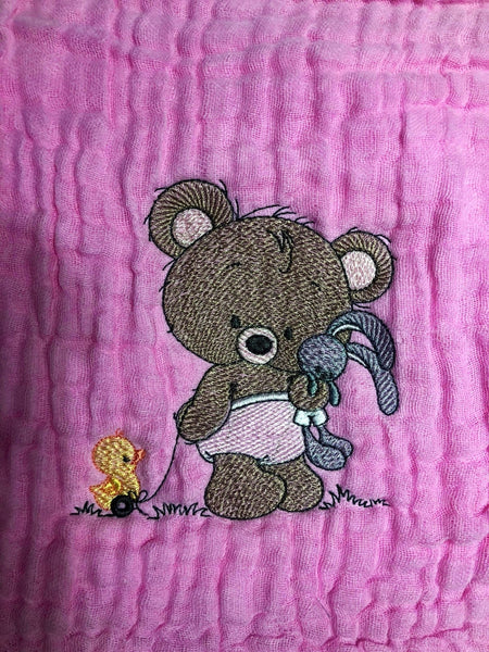 Personalized Bear Muslin Baby Handmade Swaddle Blanket ,Newborn Shower Gift - Memes Custom Stitches LLC