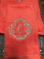 Personalized Damask Wreath Initial Bathroom Towel Set, Wedding Gift - Memes Custom Stitches LLC