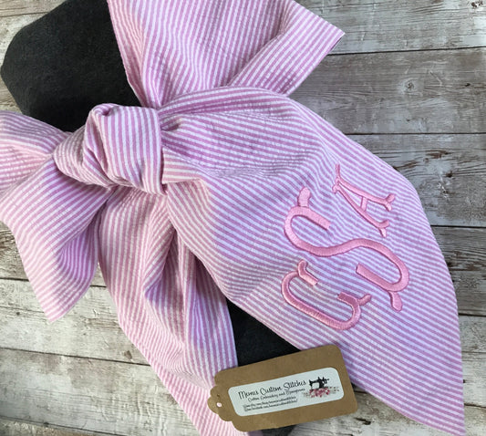 Personalized Handmade Wide Seersucker Monogram Baby Announcement Bow Maternity Sash - Memes Custom Stitches LLC