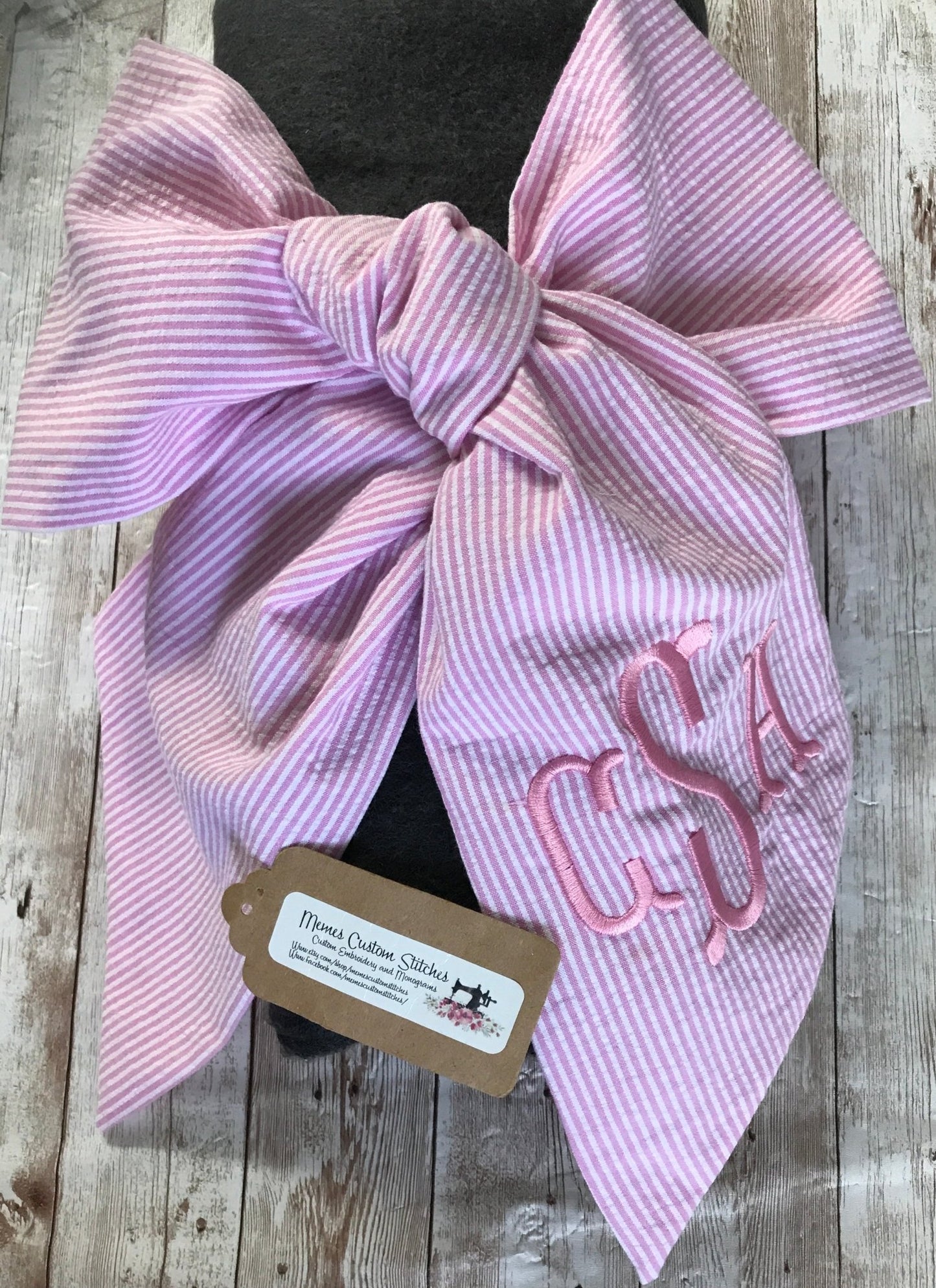 Personalized Handmade Wide Seersucker Monogram Baby Announcement Bow Maternity Sash - Memes Custom Stitches LLC